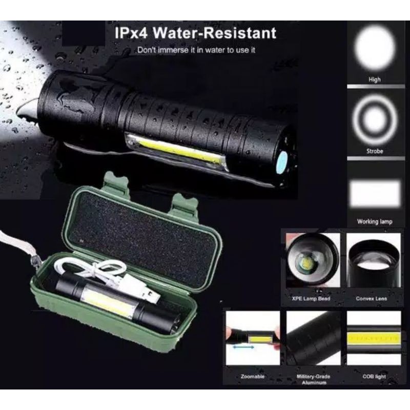 Senter Zoom Rechargeable Swat Police Mini Led Water Resistant with BOX