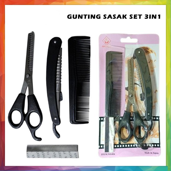 Gunting Set 3IN1 - Sasak Sisir Pisau Cukur Rambut Alat Potong Poni Gerigi Cukur Zigzag Salon Japan