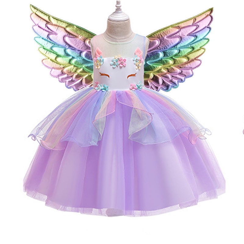 KOMUNI PERTAMA Gaun Unicorn Anak Perempuan Flower girl Unicorn rainbow wedding party dress