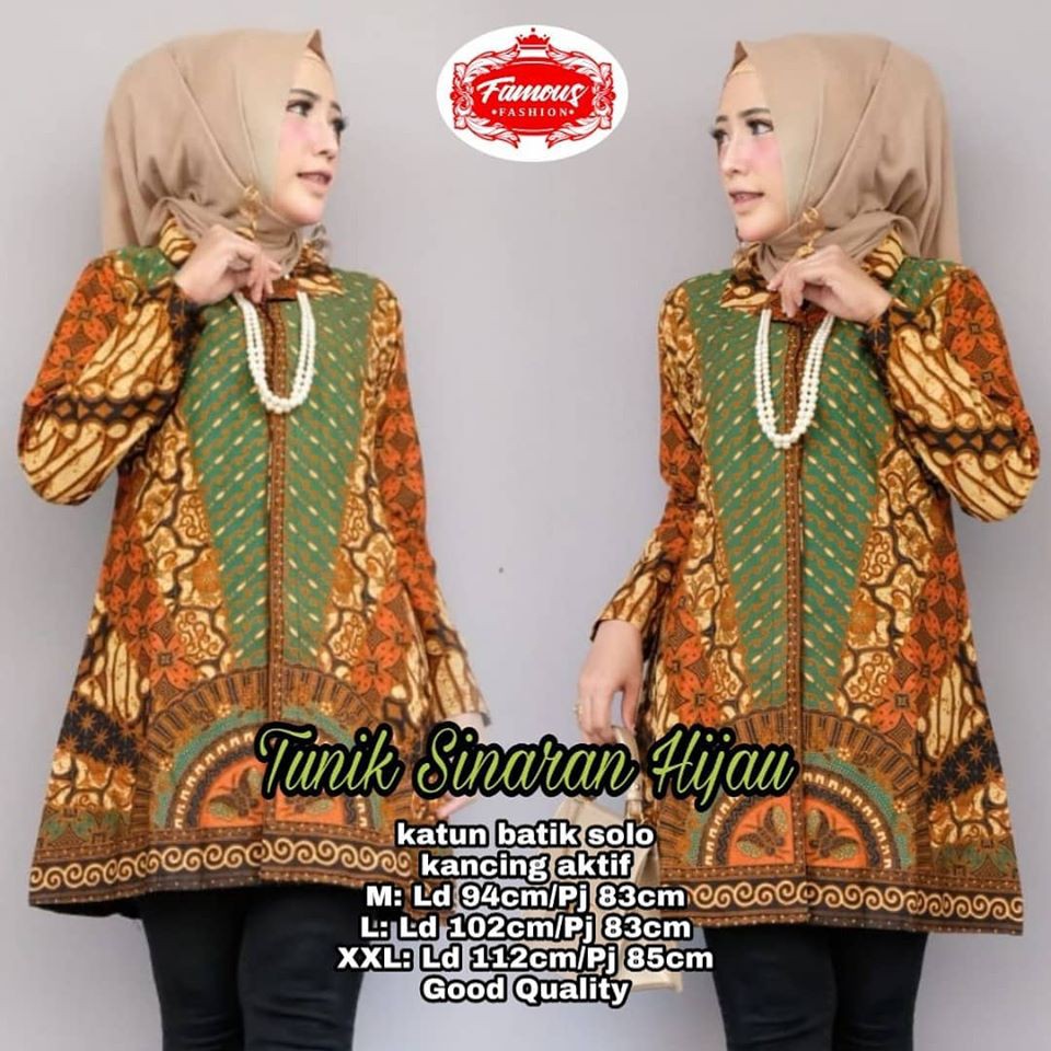 baju batik tunik sinaran hijau /batik kantoran/batik cakep/batik cewek/batik solo/batik kekinian