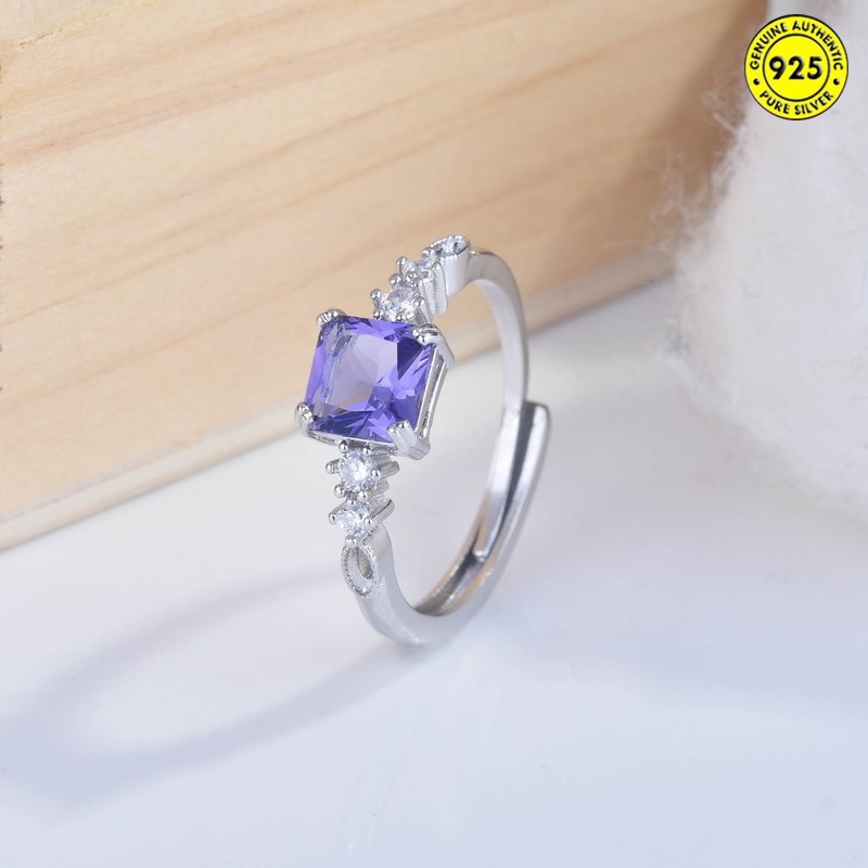 All-Match Colored Gems Square Diamond Amethyst Open Ring