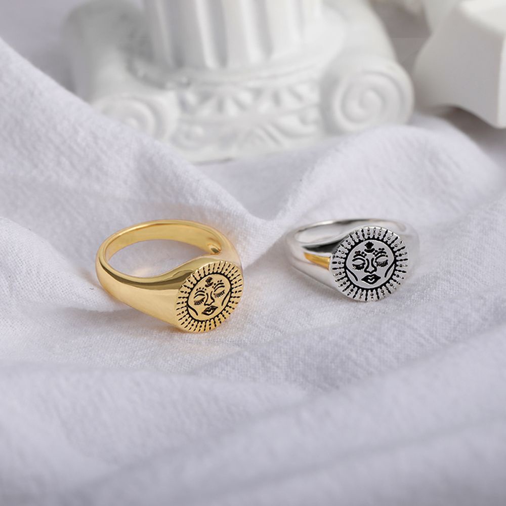 Needway  Gothic Finger Rings Vintage Sun Aesthetic Rings Eye Gift Flower Face Exaggeration For Men Women Fashion Jewelry