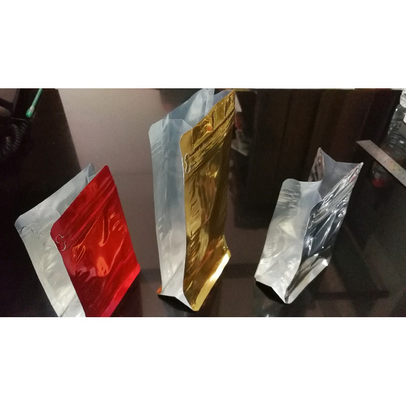FLAT BOTTOM KOMBINASI 250 GUSSET KLIP 9.5X15 SILVER RED GOLD BLACK KOPI BIJI BUBUK SNACK CAMILAN
