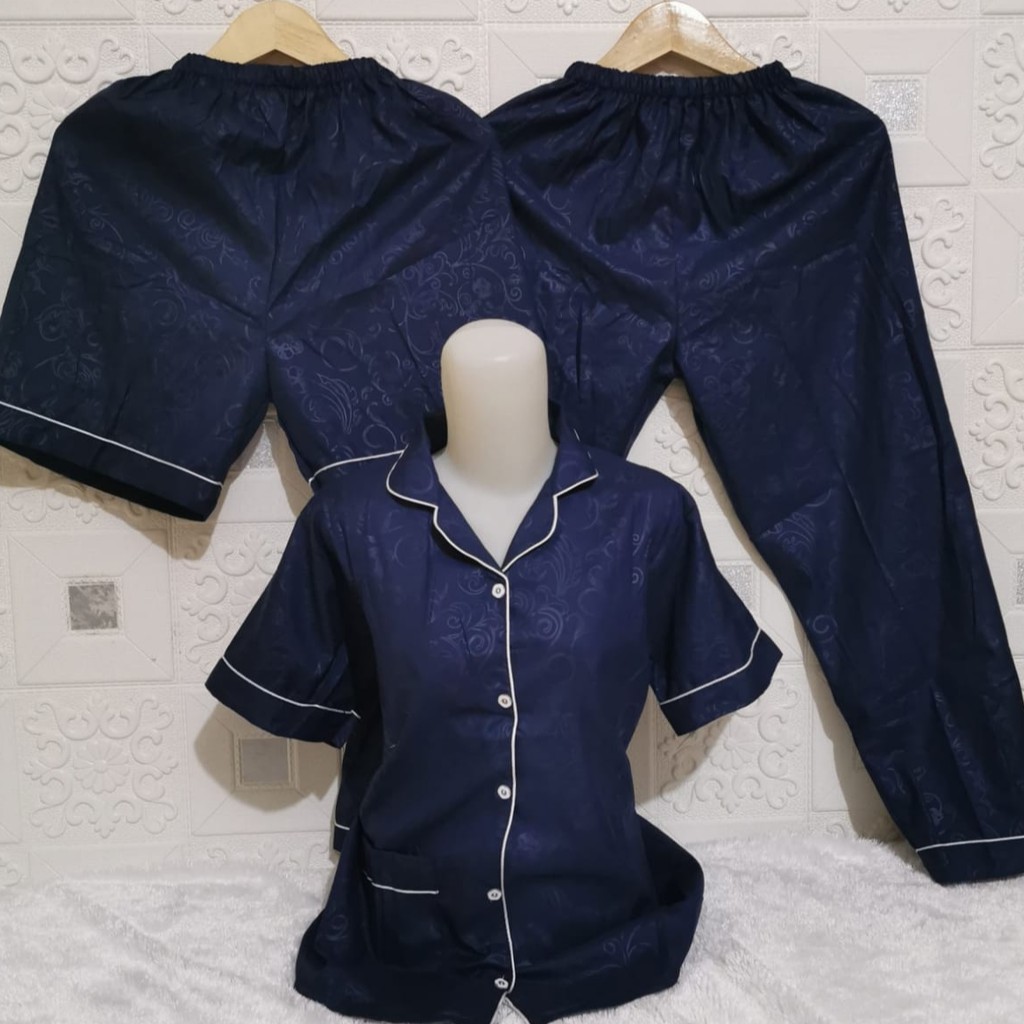 ISANNY PIYAMA SET SATEN EMBOS 3IN1 L/PIYAMA DEWAS/READY 20 WARNA-NAVI