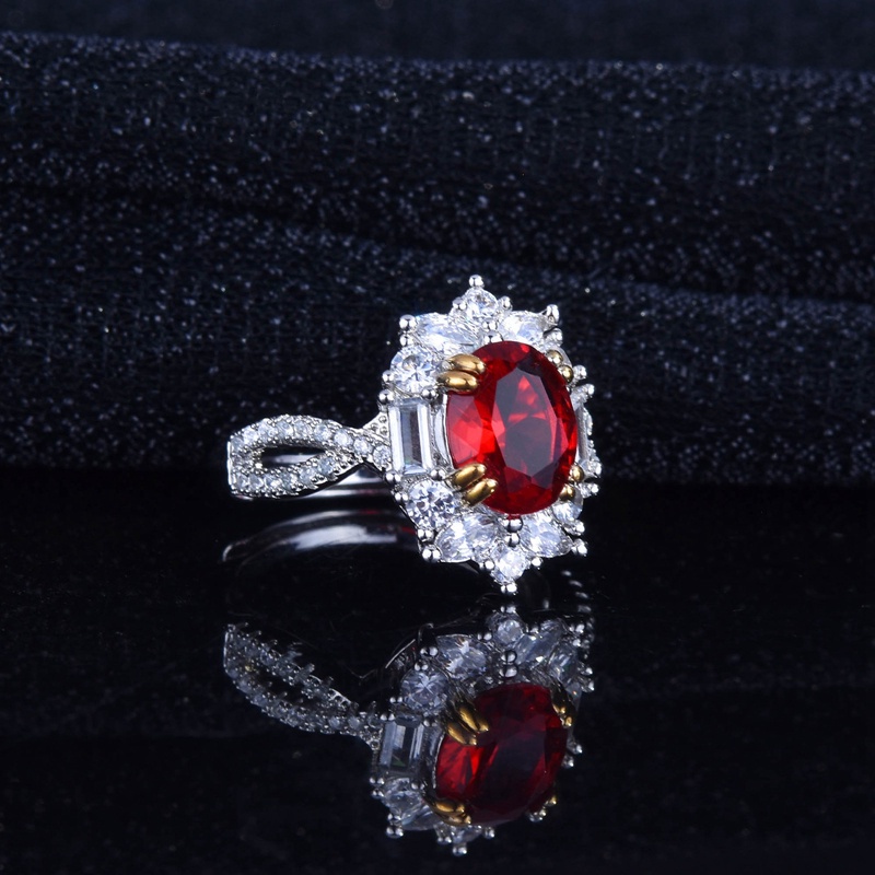 Fancyqube Cincin Sterling Silver 925 Model Terbuka Dengan Batu Zircon Oval Merah Vintage Untuk Wanita