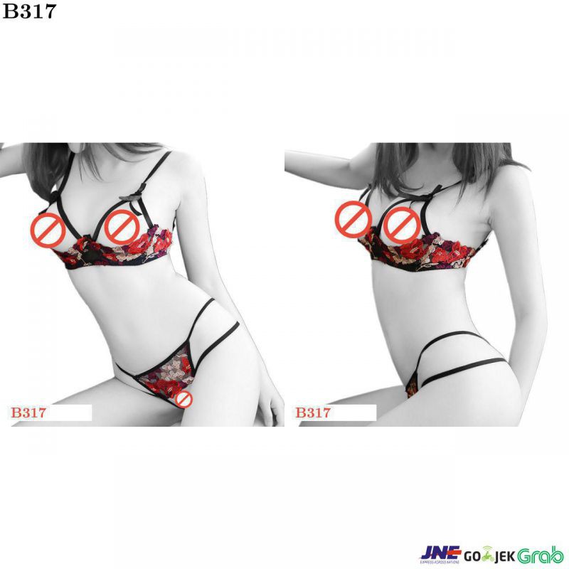 Bikini Bra Set Hitam Transparan, Bordir Bunga, Bra Kawat, Open Cup, Crotchless