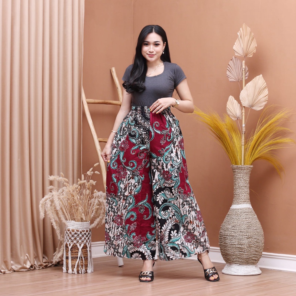 Kulot Panjang Wanita Bahan Katun Nyaman Ada Saku Murah Muat Jumbo Pinggang Elastis-mawar