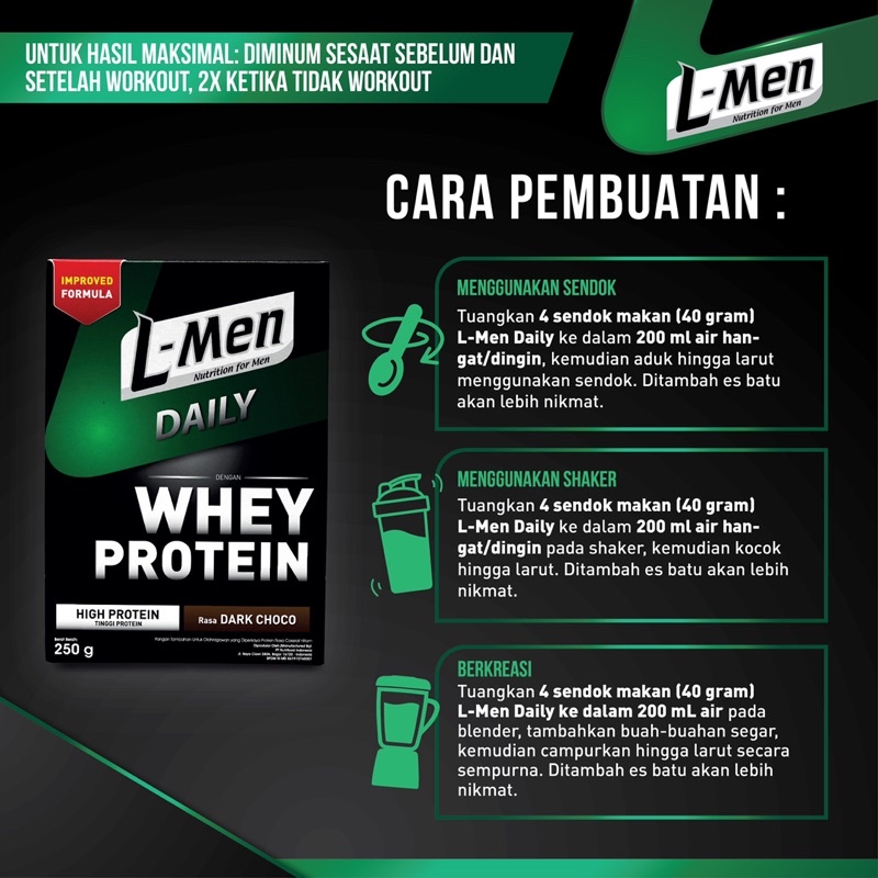 [CASHBACK 5%] L-Men Whey Daily Suplemen Tinggi Whey Protein Dark Chocolate/Popcorn Caramel 250 gr