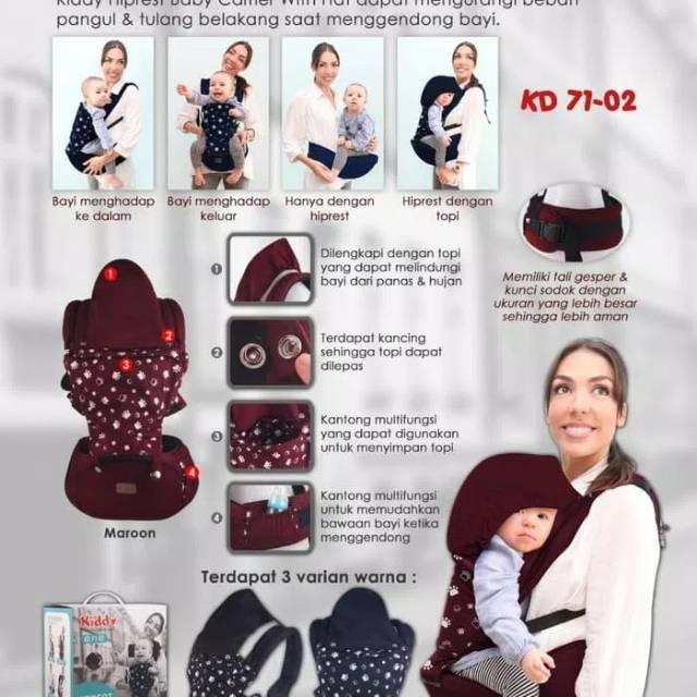 Gendongan Kiddy Hiprest Baby Carrier with hat  dengan tutup topi baby KD 7102 s1