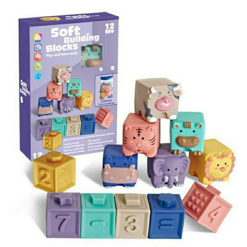 RESTOCK Softblock Mainan bayi Soft Building Blocks 12 pcs animals numbers