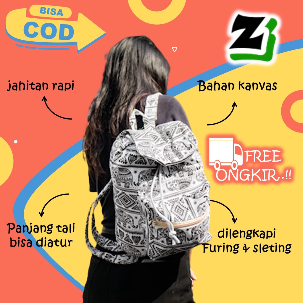 Tas ransel wanita cewek Perempuan Cewe remaja Sekolah kuliah kerja kanvas kekinian serut murah A6-gajah hitam