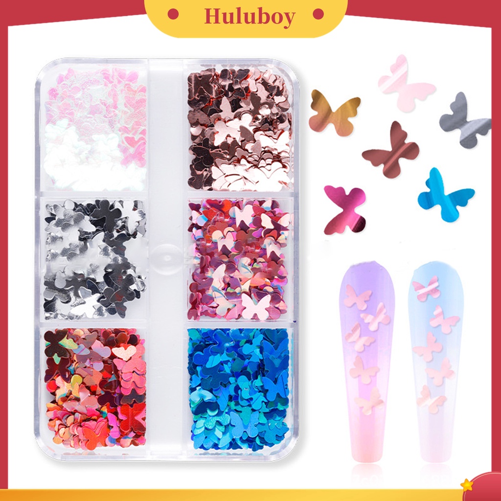 Huluboy Huluboy♡ 6 Grid / Kotak Sequin Bentuk Kupu-Kupu Untuk Nail Art Butterfly