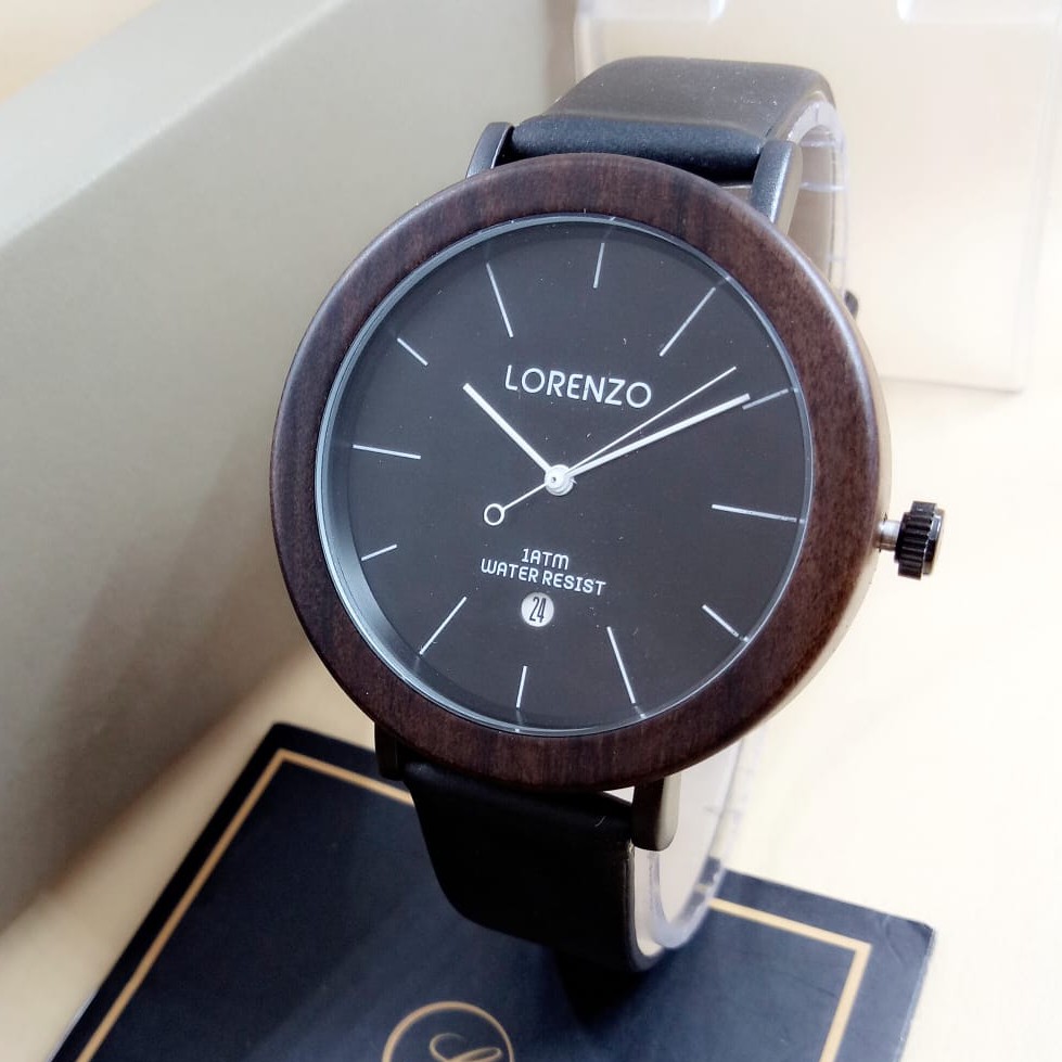 Lorenzo 1049 - Jam Tangan Pria Anti Air - Tali Kulit - Analog Quartz - Design Kayu - Original