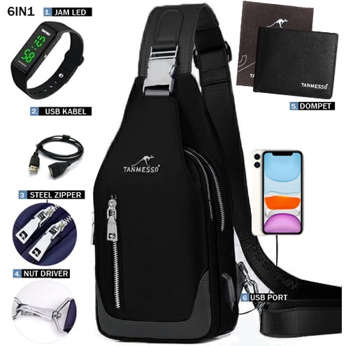 TANMESSO 5IN1 BAYAR DITEMPAT-BONUS JAM LED,DOMPET &amp; USBPORT&amp;HEADSET  TAS SELEMPANG PRIA