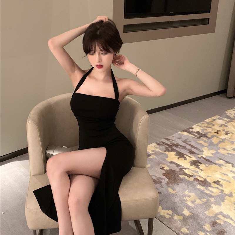 midi dress korea hitam gaun seksi rok kecil satu langkah rok panjang tengah