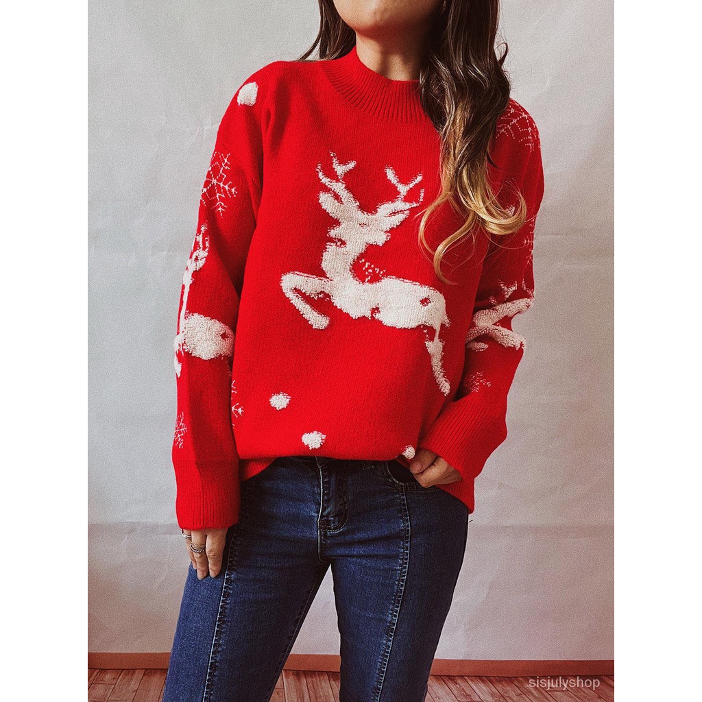 #Sisjuly# Wanita Pohon Natal Fawn Meriah Lengan Panjang Crew Leher Rajut Pullover Tahun Baru Natal S