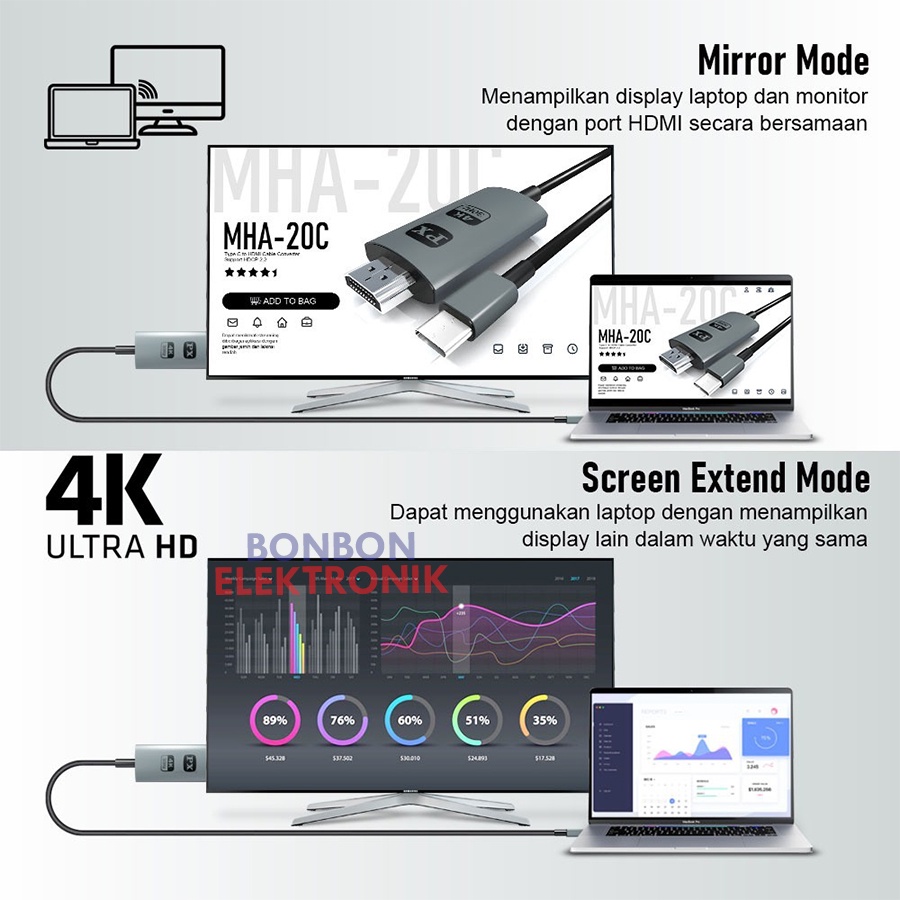 PX MHA-20C Kabel MHL USB Type C 3.1 to HDMI TV Converter 4K 2 Meter