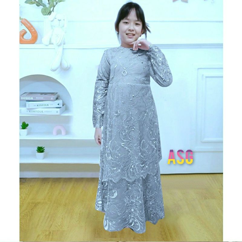 ♤BARU♤ Gamis Fashion Sarah Kid / Dress Brukat Anak Full 2 Tingkat Premiun / Baju Couple Ibu &amp; Anak