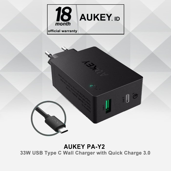 Aukey PA-Y2 33W USB Type C Wall Charger with Quick Charge 3.0 - Hitam