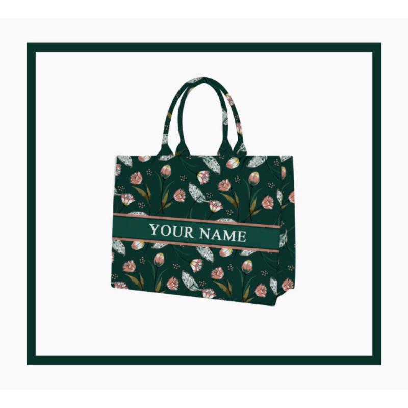 Tas Custom Print Motif Bunga Peach Bunga Dasar Hijau