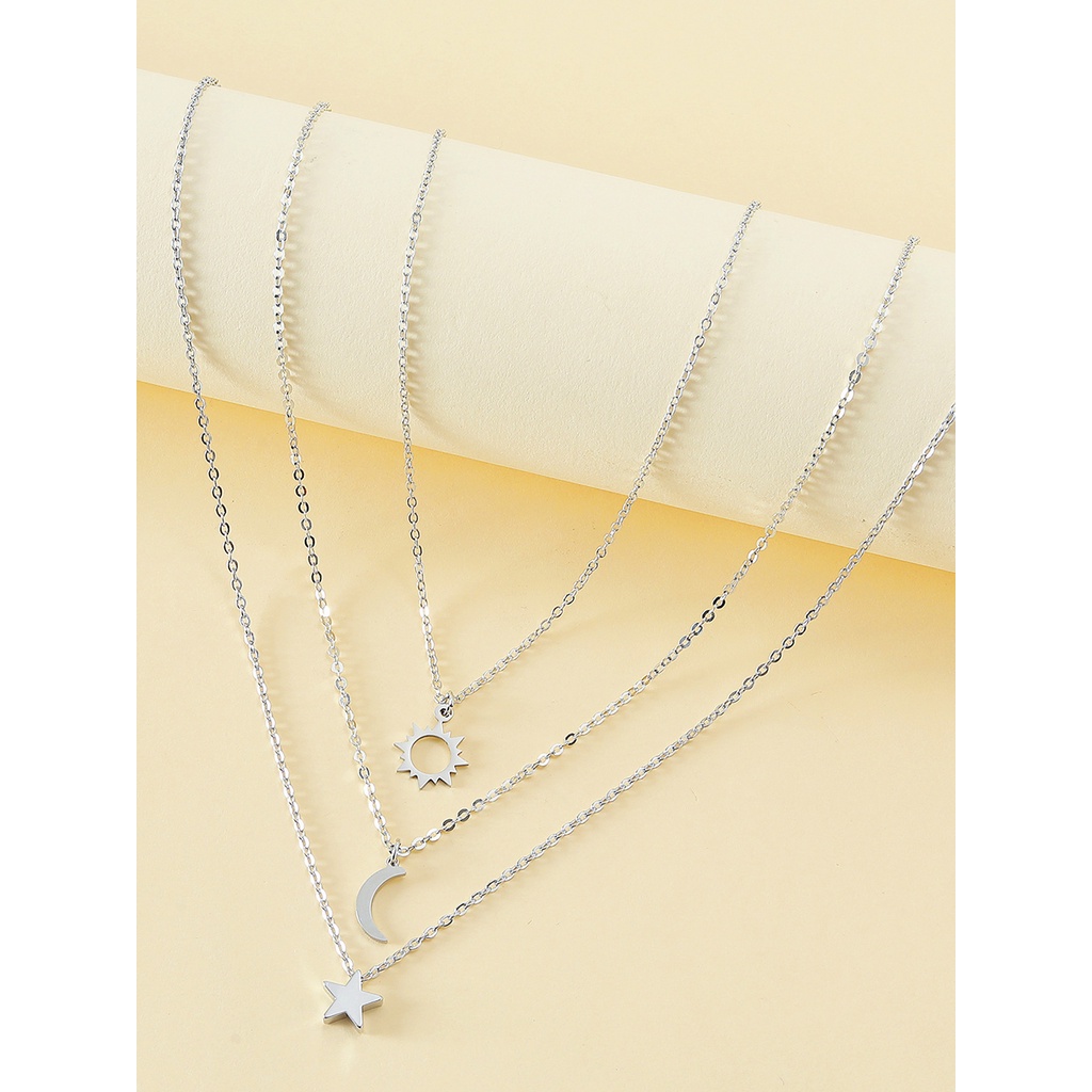 3pcs Kalung Rantai Bentuk Matahari Bulan Bintang Bahan Stainless Steel Untuk Hadiah