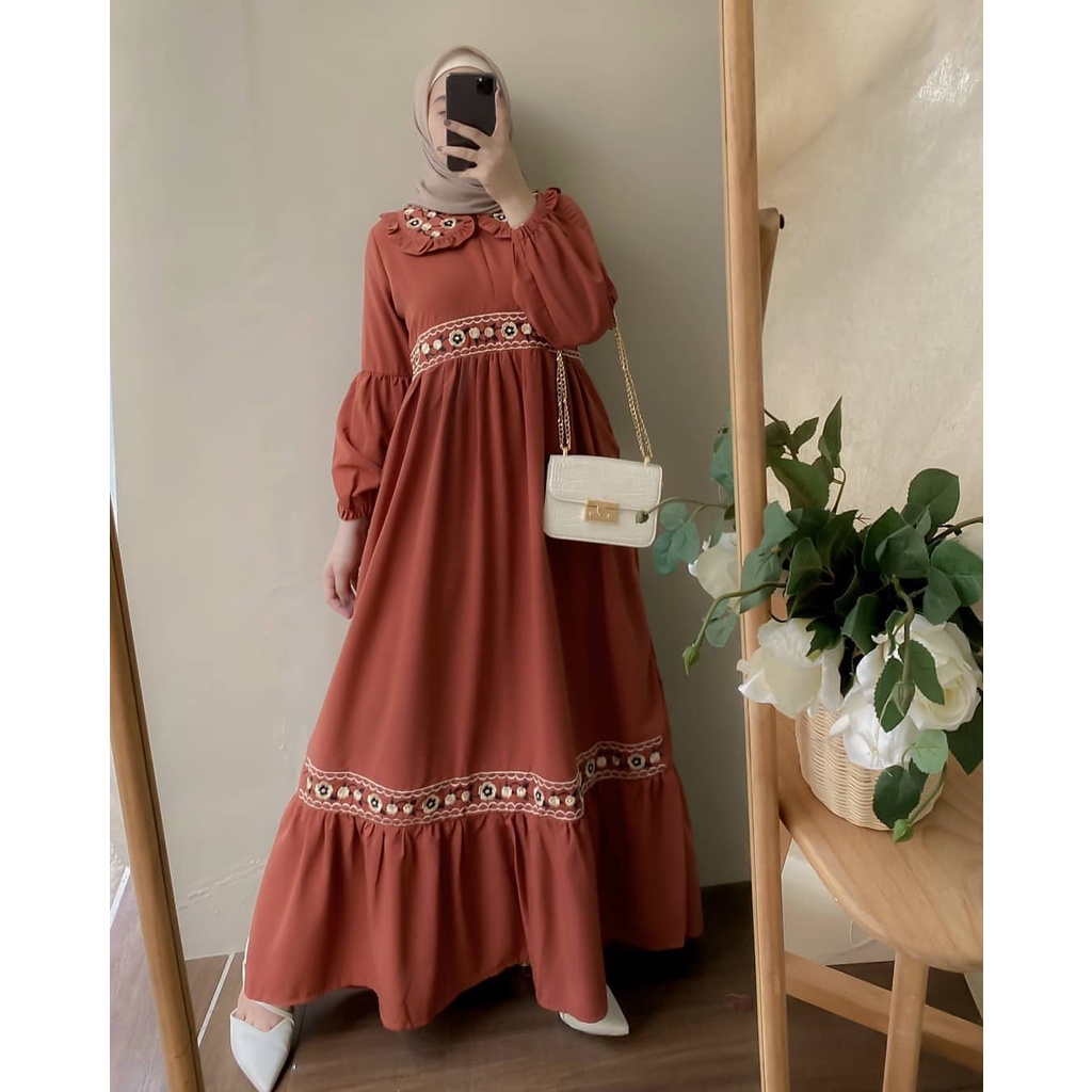 Gamis Wanita Belova Dress Gamis Terbaru Simple Elegant Dress Termurah 2021 Aksen Bordir Lengan Balon