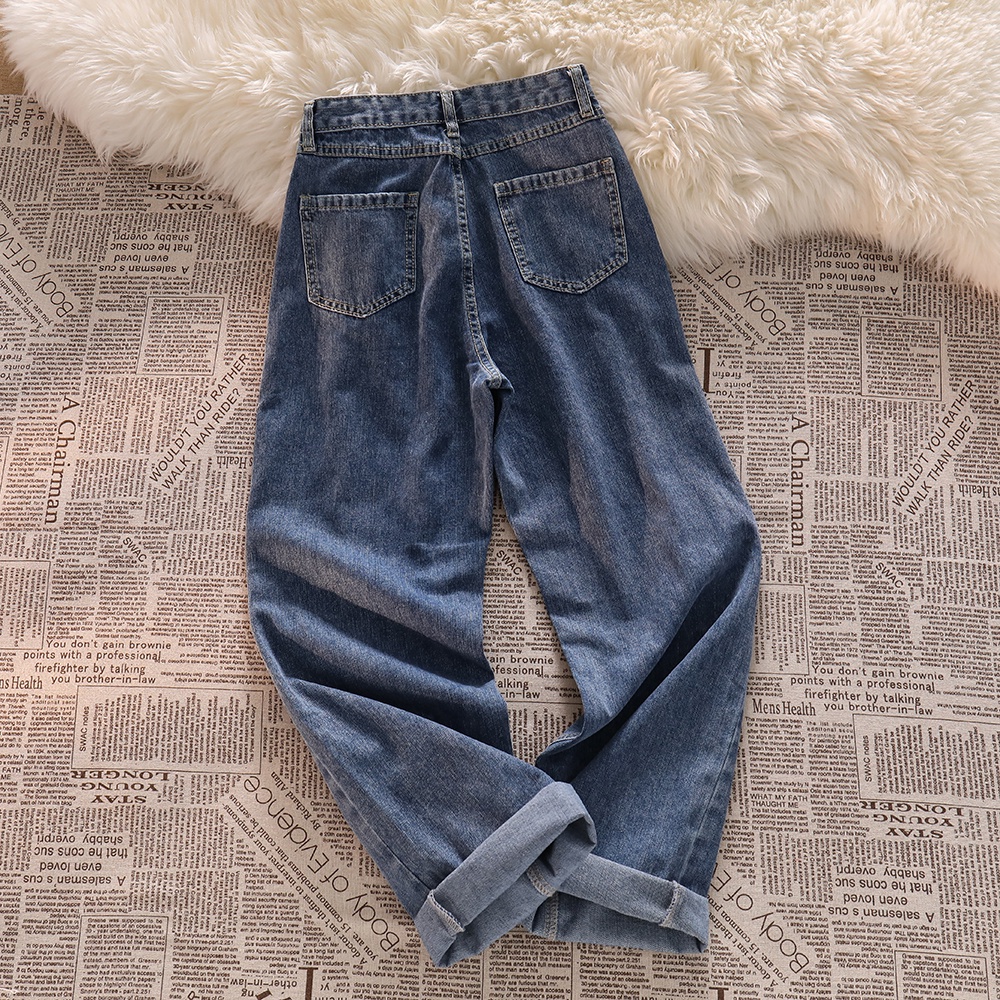 Biru Keren Terbaru Highwaist Lurus Loose Celana Jeans Panjang Wanita Import【COD】