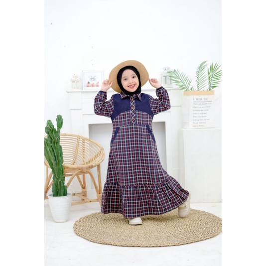 GAMIS ANAK PEREMPUAN POLKADOT KOMBINASI KATUN SALUR / DESAIN DRESS ANAK CASUAL DAN ELEGANT / DRESS MUSLIM ANDINE  POLKADOT KOMBINASI KATUN SALUR