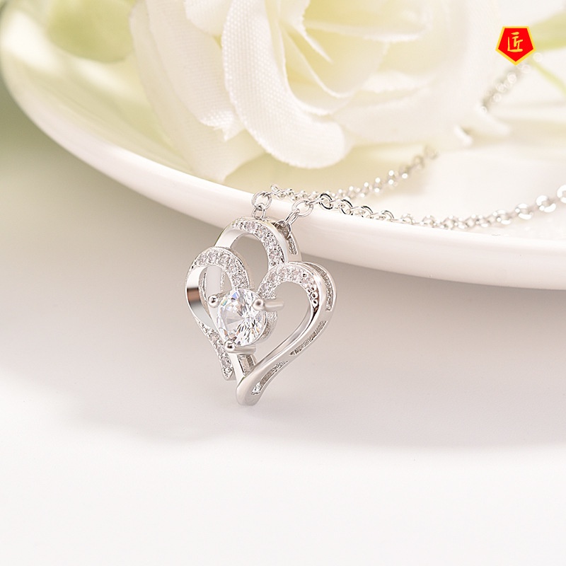 [Ready Stock]Platinum Heart-to-Heart Diamond Pendant Necklace Elegant Niche