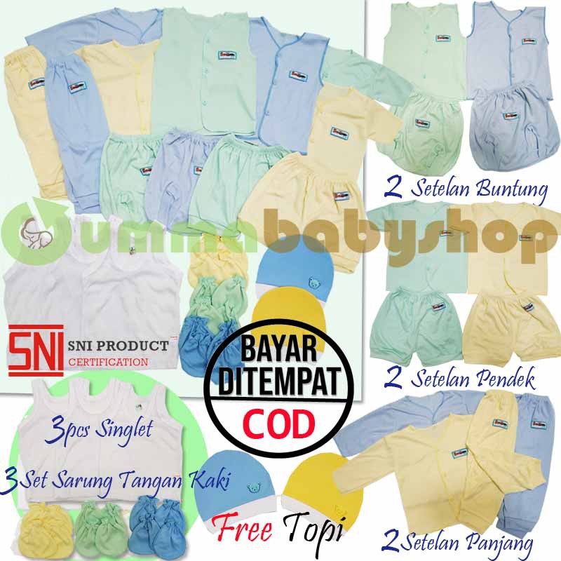 Perlengkapan Bayi Baru Lahir SQ Warna SNI Setelan Bayi Baju Celana Pop Singlet Sarung Tangan Topi