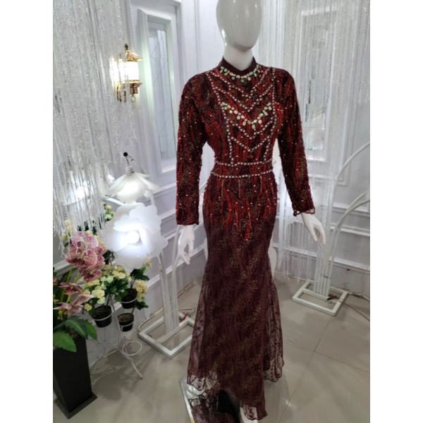 GAUN PENGANTIN/WARNA MERAH HATI/GAUN MEWAH SLIM/