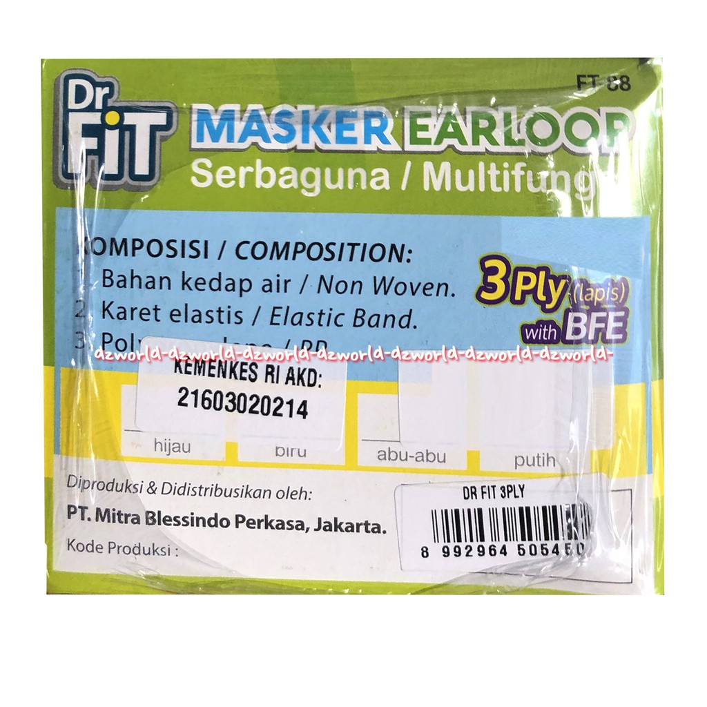 Dr Fit Masker Earloop 3Ply Surgical Mask Masker Bedah Anti Bakteri 50Pcs