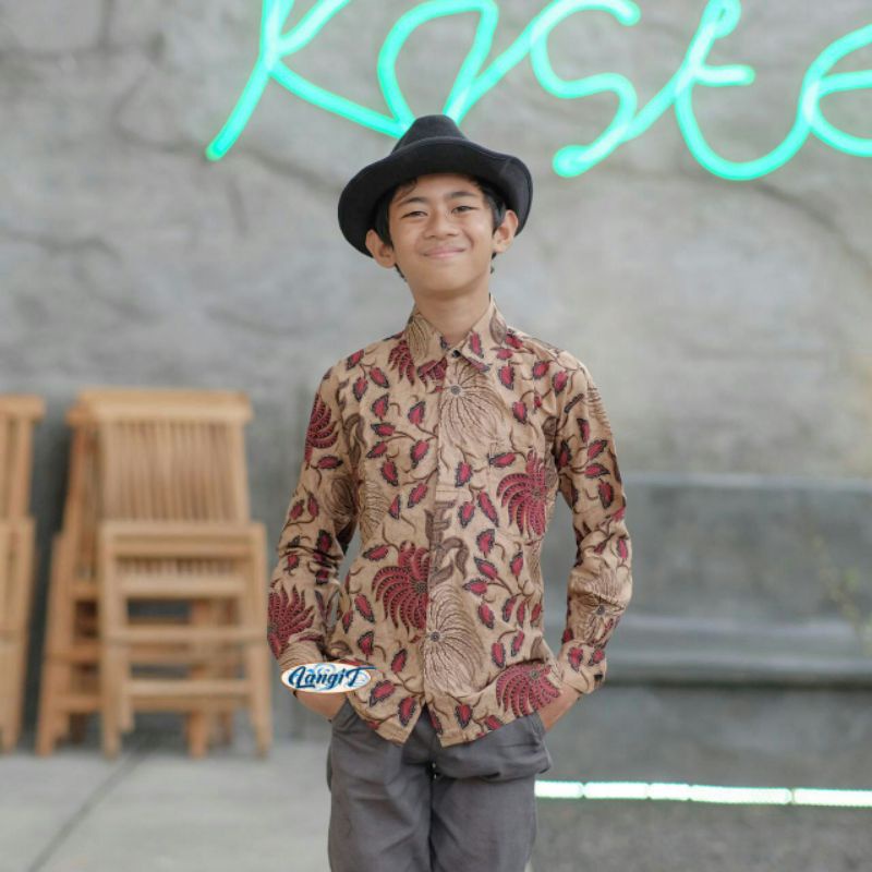 BATIK GUAVA Kemeja Batik Anak Laki Ukuran 2-12 Tahun Motif Kate Sage Mustard