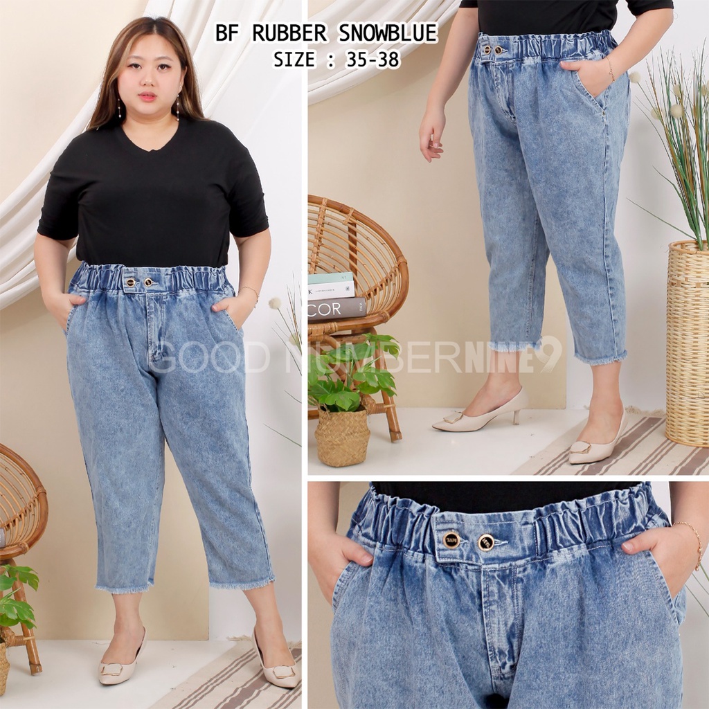 Boyfriend Jeans Rubber Pinggang Karet Polos Super Bigsize Jumbo Snowblue