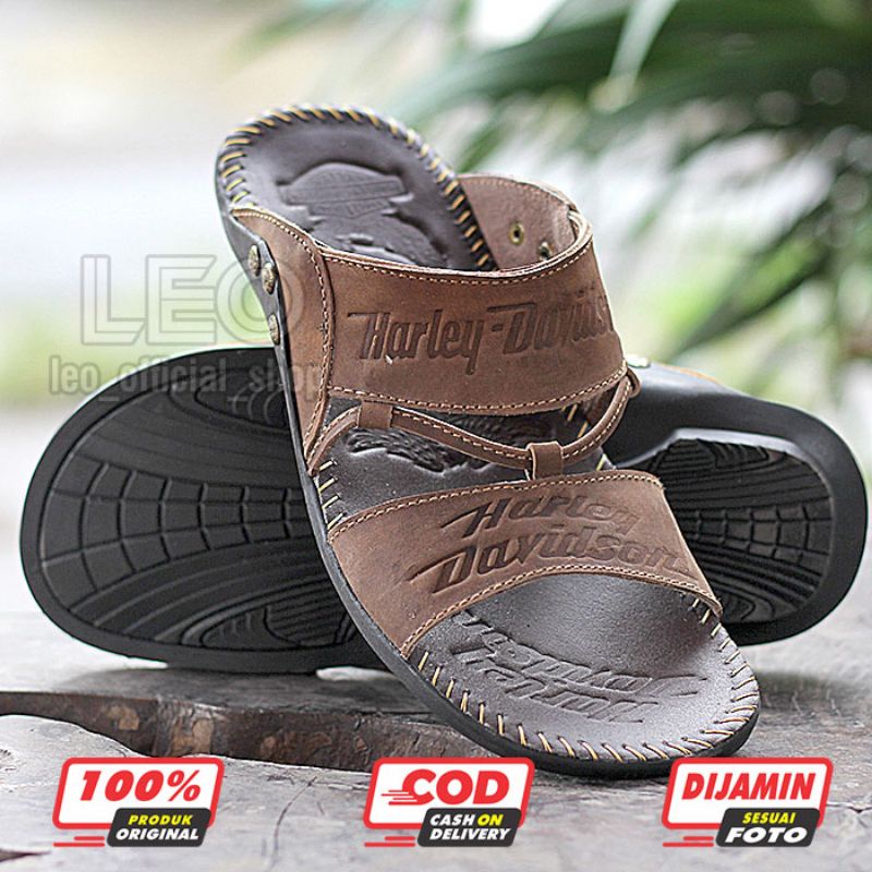 Sandal Kulit Harley Davidson Full Up Kulit Gosok Sendal Kulit Asli Pria Sandal Slop Casual / Sendal Jepit Herley Slide Hitam Coklat - SH03