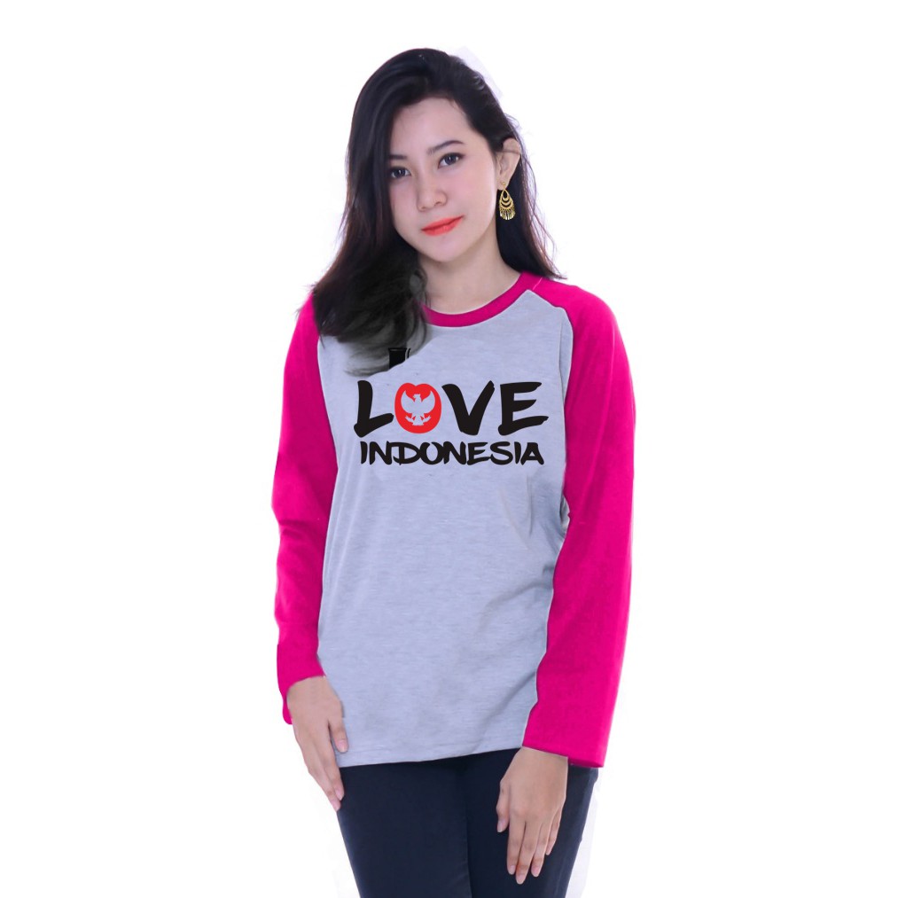 Kaos Raglan Gambar Love Indonesia | Lengan Panjang | Atasan Wanita | Ukuran M - L - XL -XXL