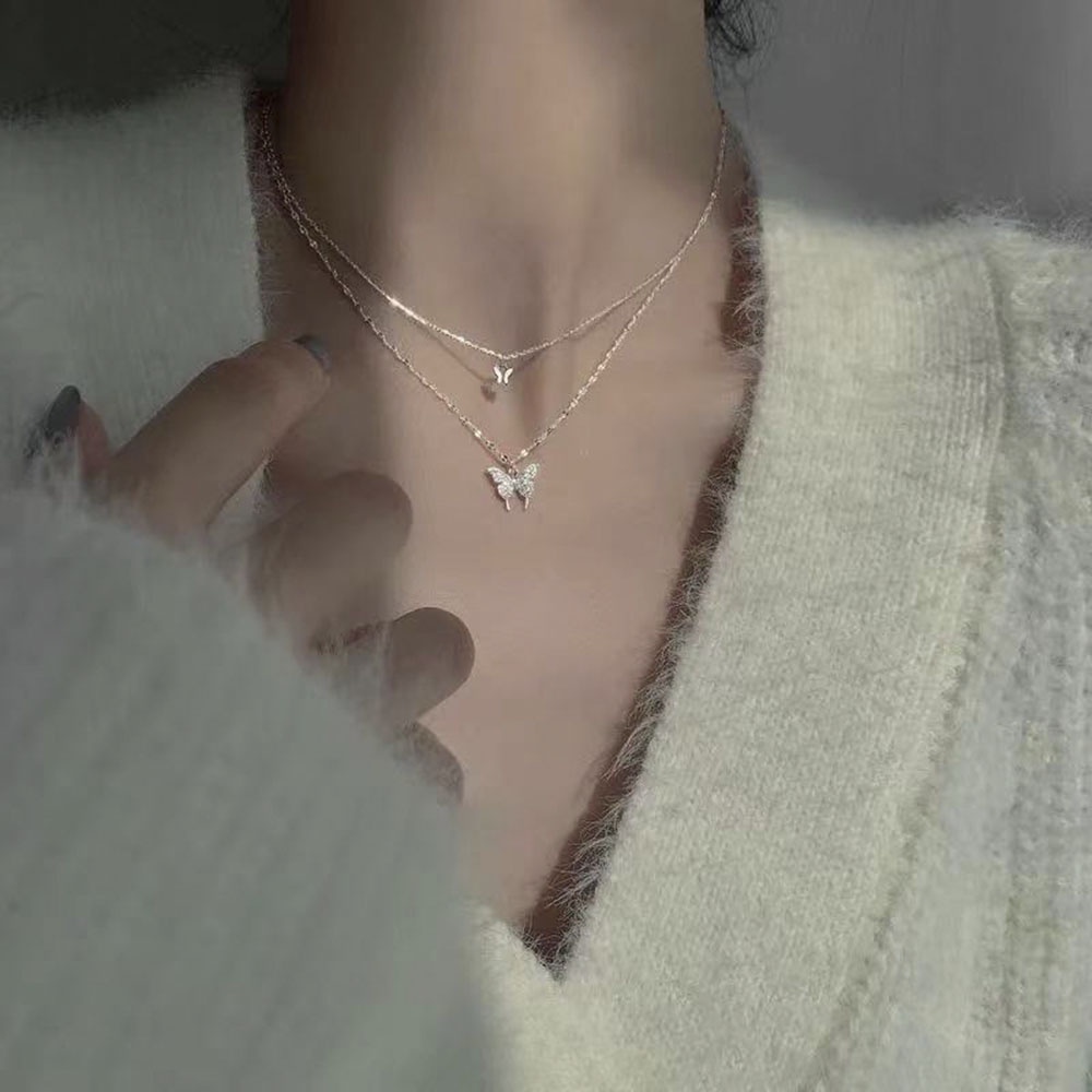 【COD Tangding】Double Butterfly Necklace New Fashion Tide Neck Chain Female INS Korea Joker Collarbone Chain Necklace Jewelry