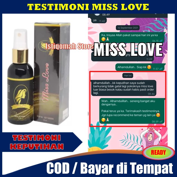 PROMO COD - Miss Love Spray Obat 100% Herbal Manjakani Kembali Perawan Perapat Perawatan Pengharum Penghilang Keputihan Gatal dan Bau Miss V Kewanitaan BPOM / Promil / Kista / Myom / Miom - AMAN Sudah BPOM - PRIVASI AMAN