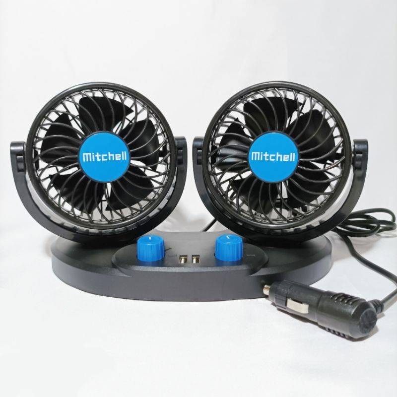 MITCHELL HX-T357 12V DC 2USB 2A + ON-OFF swing kipas mobil double fan