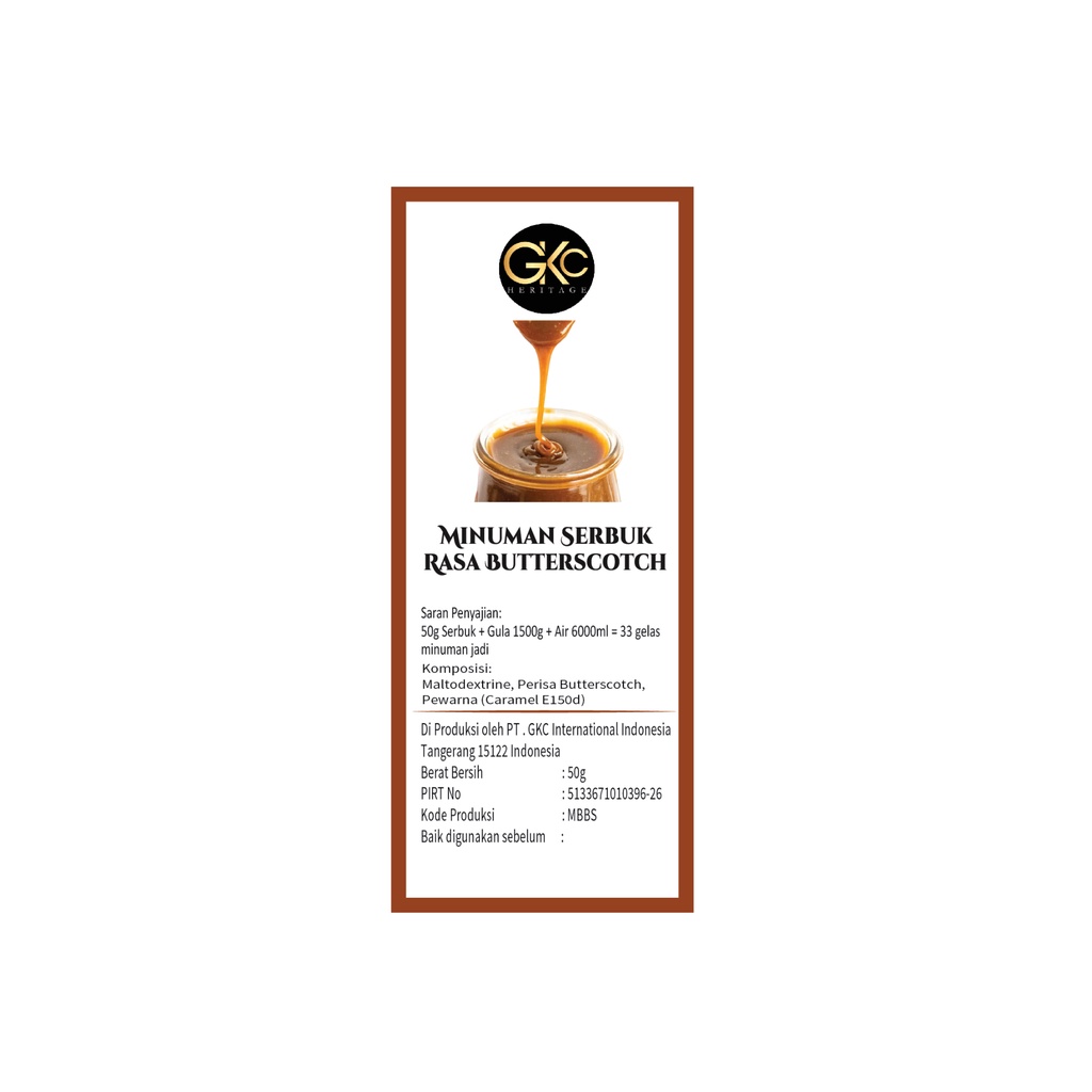 

Ay00! GKC Heritage Sirup Bubuk Konsentrat Minuman Butterscotch - HALAL - 50 Gram - Butter Scotch