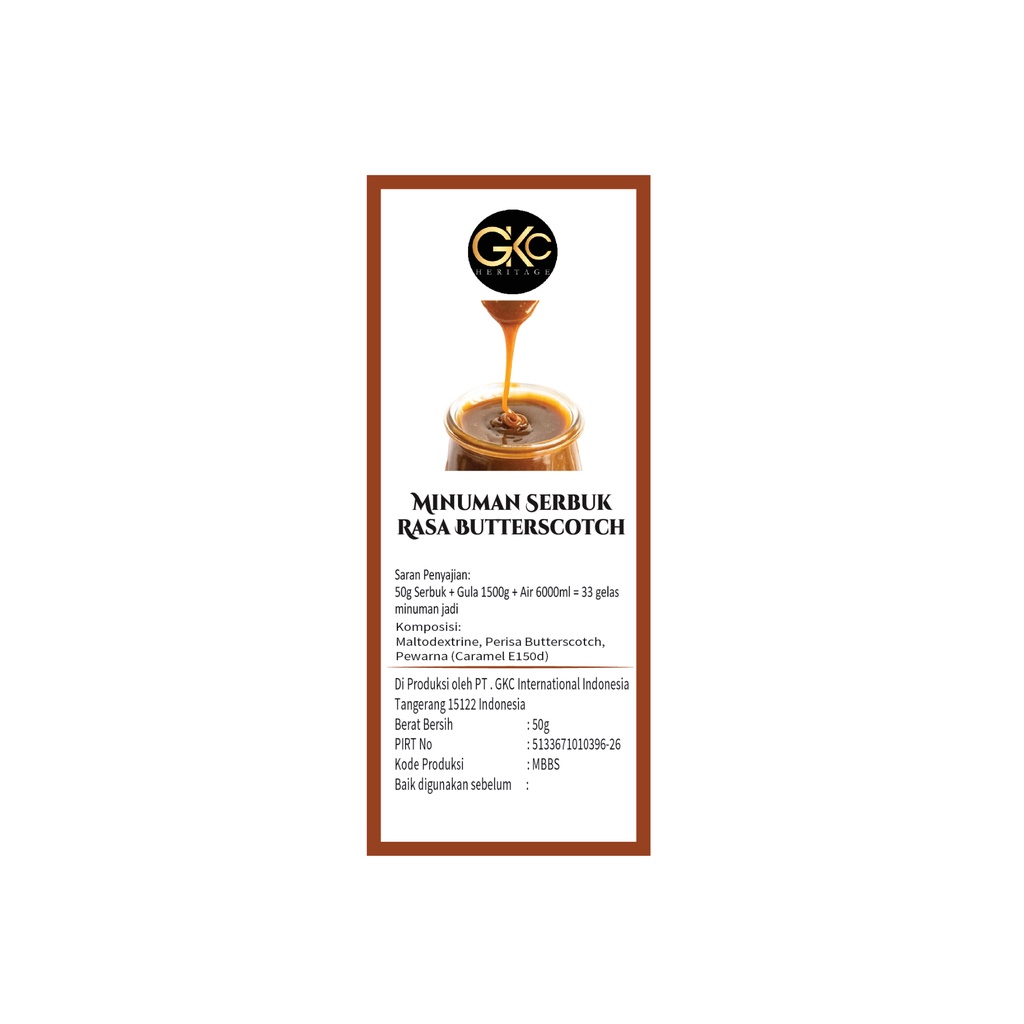 Bubuk Sirup Butterscotch / Butter scotch Powder Syrup Serbuk Minuman Powder Drink GKC Heritage 50 gr