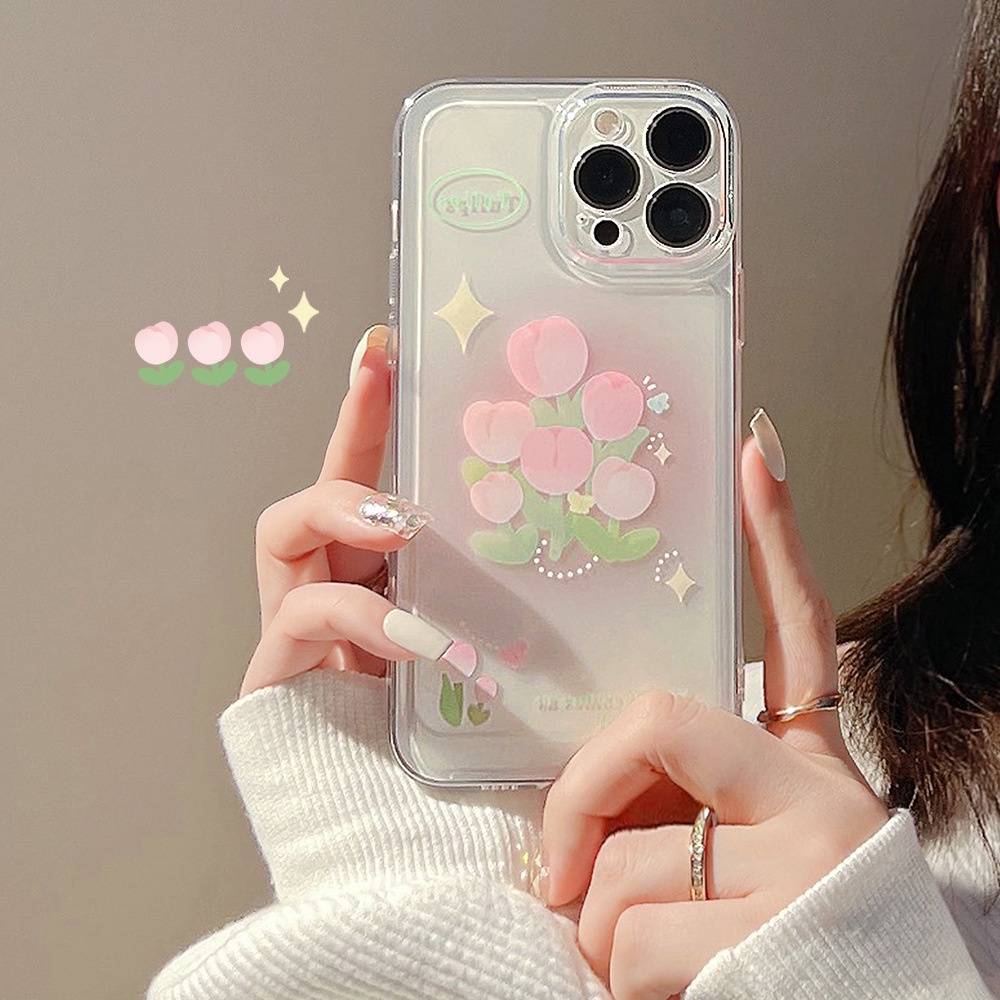 Case Pelindung Warna Pink Tulip Transparan Dengan Kartu Laser Untuk Iphone 11 8 7 Plus SE2 XS XR 12 13 Mini PRO MAX