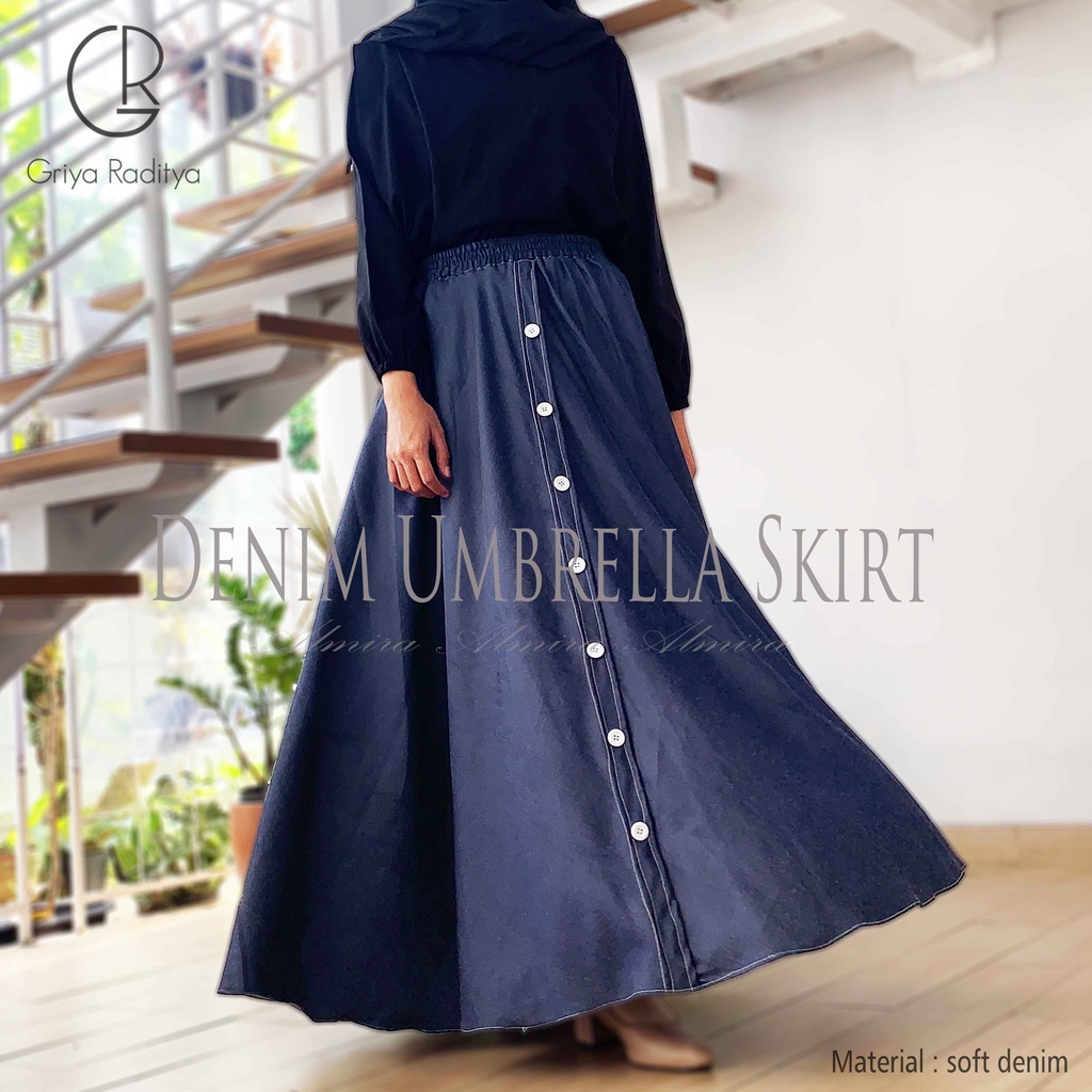 Rok Panjang Wanita Payung Muslimah Jeans Button Umbrella Skirt Chambray Soft Denim Griyaraditya