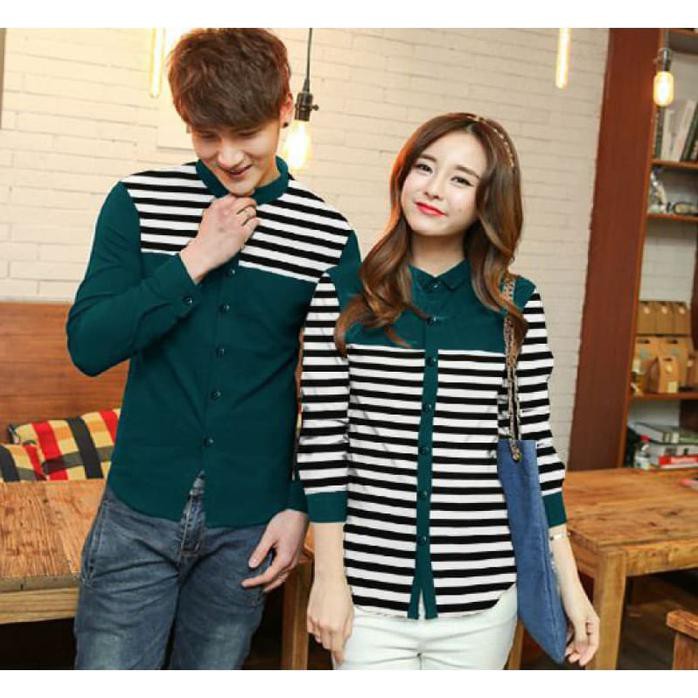 Stok Terbatas Hem Line Kemeja Couple Tosca Toska Atasan Batik Pasangan Kembar - Hijau Tosca