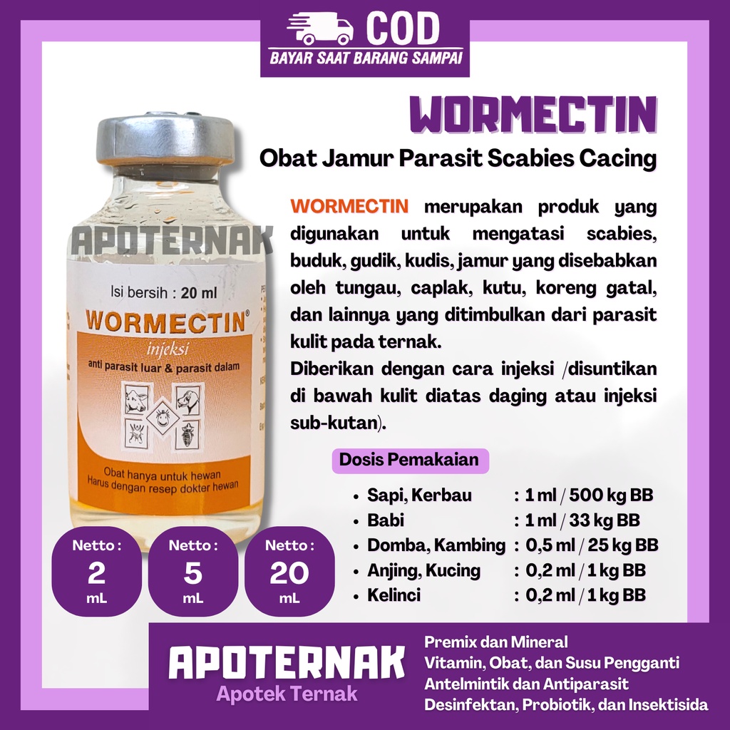 WORMECTIN 2 ml 5 ml 20 ml dg suntikan 1ml 3 ml 5 ml | Obat Scabies Gudik Jamur Kutu Caplak Cacing Untuk Sapi Kambing Kucing Anjing Kelinci | Obat Parasit Luar dan Dalam MECTIN | Apoternak