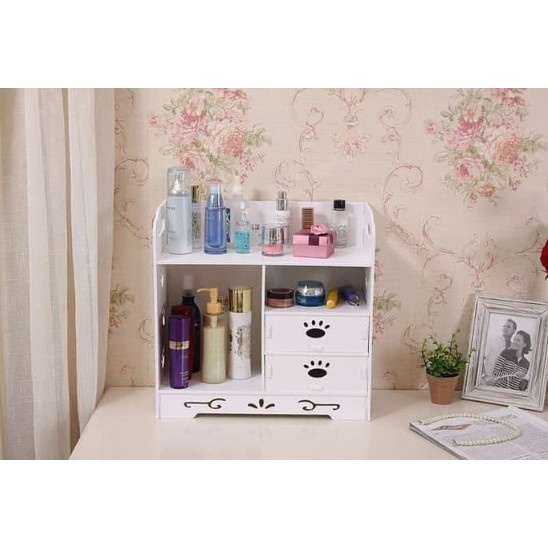 Rak kosmetik Double Drawer Cosmetic Storage Rak Minimalis Tapak Pupies Serbaguna Multifungsi