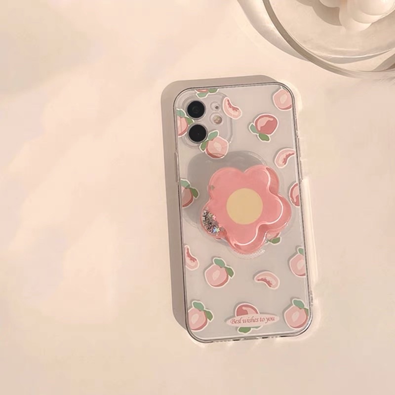 Transparant Peach with Flower Holder Softcase iphone 7/8+ XS XS Max XR 11 Pro Max 12 Pro Max