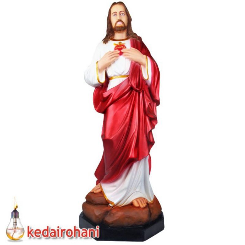 Patung Yesus Hati Kudus 1 meter Jubah Merah Arca Fiberglass Hiasan Souvenir Rohani Ruang Doa Ibadah