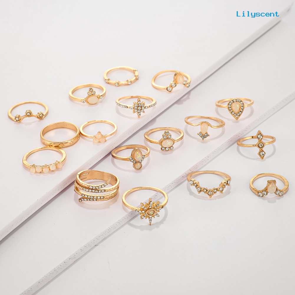 17pcs / Set Cincin Jari Bentuk Bunga Aksen Berlian Imitasi Gaya Bohemian Untuk Wanita