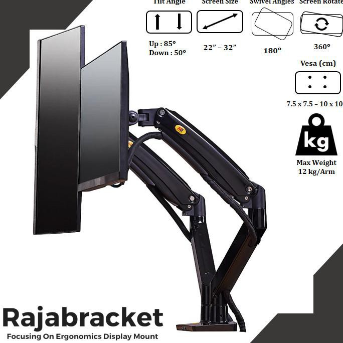 Bracket Monitor 13 - 32 inch, Full Motions Gas Spring Dual Arm Monitor